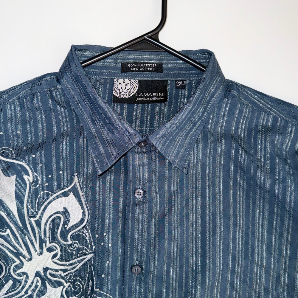 Lamasini‎ Mens 2XL Blue Pinstripe Fleur De Lis Embroidered Long Sleeve Shirt Y2K